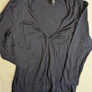 VTG Laundry By Shelli Segal Sz Medium Black Slinky 3/4 Sleeve Cinched V Neck Top